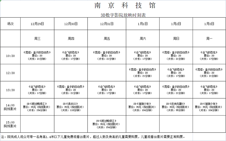 南京科技馆3D数字影院放映时刻表（12.29—1.3）