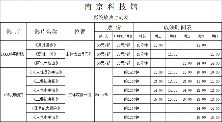 南京科技馆影院放映时间表（日常）