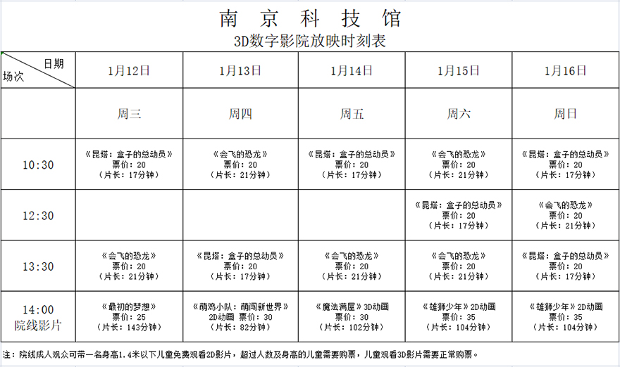 南京科技馆3D数字影院放映时刻表（2022.1.12—1.16）