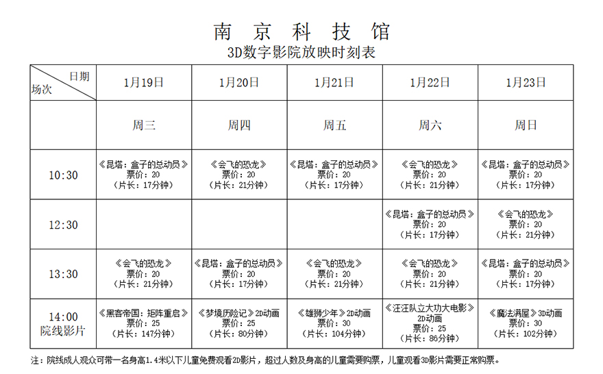 南京科技馆3D数字影院放映时刻表（2022.1.19—1.23）