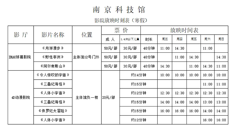 南京科技馆寒假期间影院放映时刻表