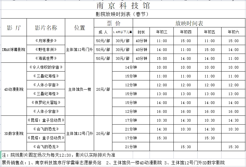 南京科技馆春节期间影院放映时刻表