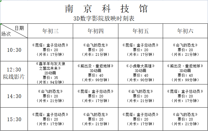 南京科技馆3D数字影院放映时刻表（年初三——年初六）