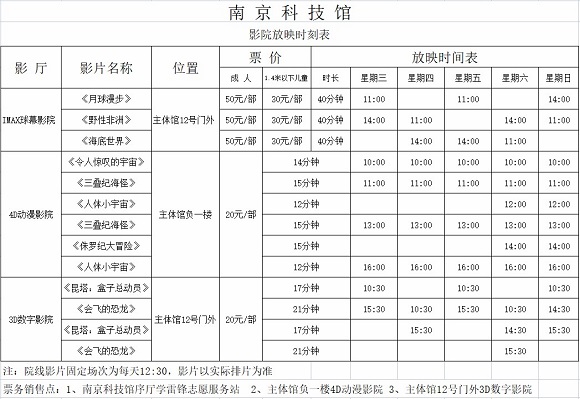 南京科技馆影院放映时刻表（日常）