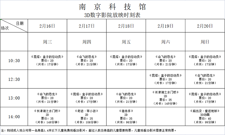 南京科技馆3D数字影院放映时刻表（2.16—2.20）
