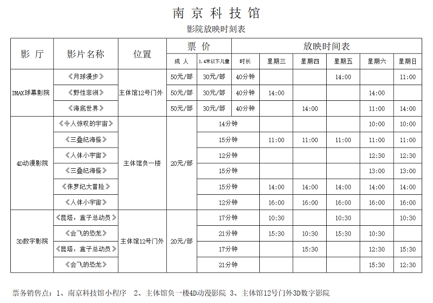 南京科技馆影院放映时刻表（3.9-3.13）