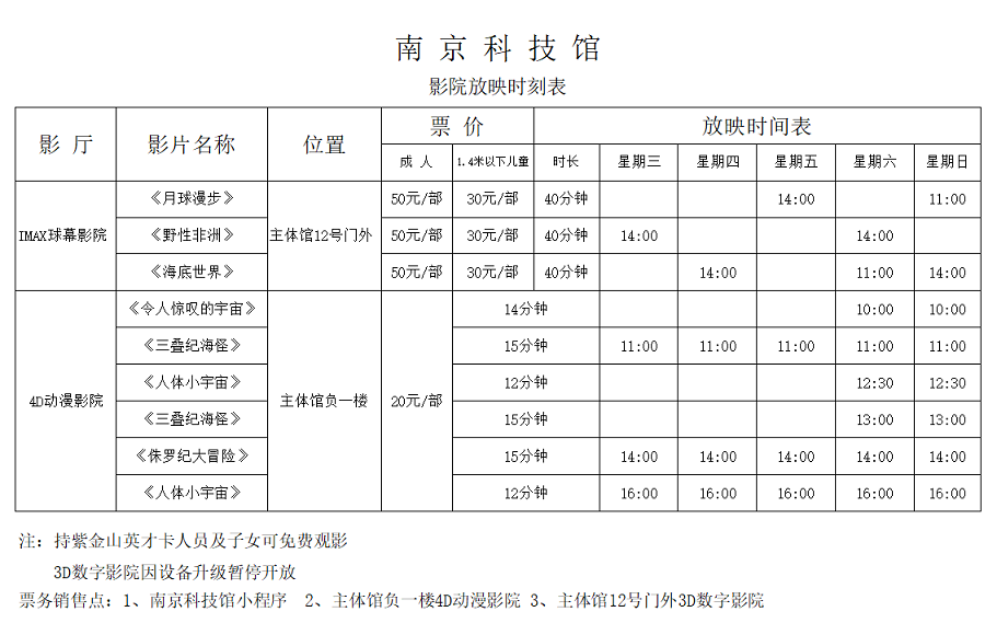 南京科技馆影院放映时刻表（6.15-6.19）