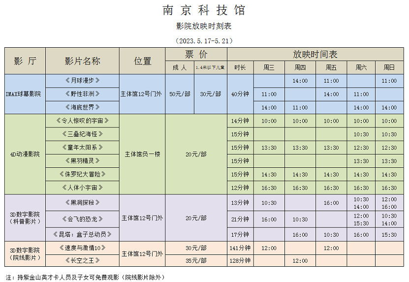 南京科技馆影院放映时刻表（5.17-5.21）