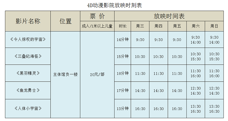 南京科技馆影院放映时刻表（10.11-10.31）